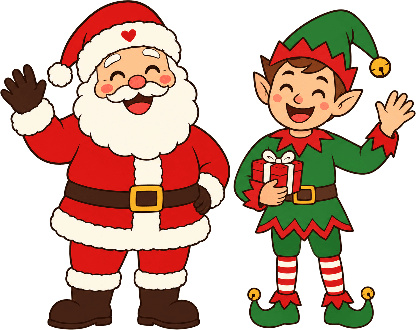 Illustration of a smiling Santa and a cheerful elf waving, the elf holding a wrapped present.